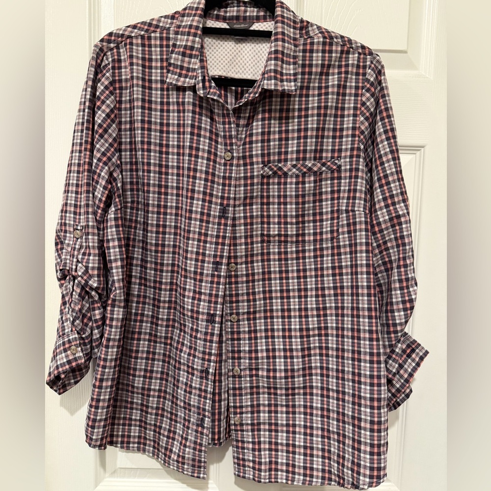 Eddie Bauer Navy and Pink Plaid Shirt